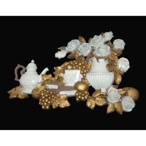 VINTAGE HOMCO KITSCH WALL HANGING ROSES TEAPOT VASE BOOKS GOLD 29" X 20" PLASTIC